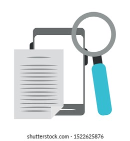 smartphone with paper page and magnifying glass over white background, colorful design. vector illustration