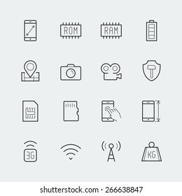 Smartphone parameters icon set: screen dimensions, resolution, ROM and RAM capacity, battery, GPS, camera and video, protection, number of sim cards and other