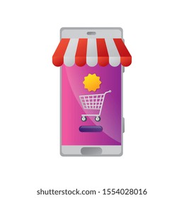 smartphone with parasol and cart shopping vector illustration design
