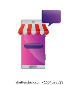 smartphone with parasol and speech bubble vector illustration design