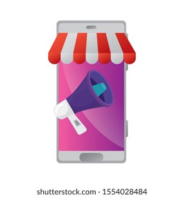smartphone with parasol store and megaphone vector illustration design
