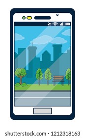 Smartphone with park background on screen