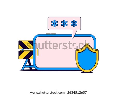 smartphone with a password bubble, shield icon, and warning barricade, symbolizing mobile security and data protection in cartoon style hand drawn vector illustration