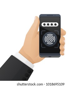 Smartphone with a password field and a fingerprint scanner application is in the businessman's hand. Vector illustration isolated on a white background
