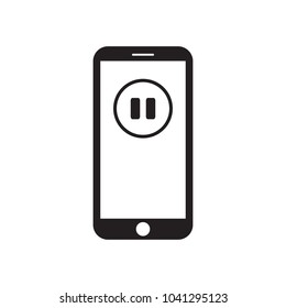 Smartphone with pause icon on the screen. Player navigation. Mobile device. Black and white vector illustration.