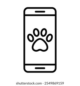 Smartphone with a paw symbol representing pet-related app. Editable stroke.