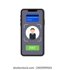 Smartphone-Zahlsymbol. Flat, Farbe, Zahlungstaste, Gesichtsscanner, Zahlung per Telefon, Bankkartensymbol. Vektorsymbol