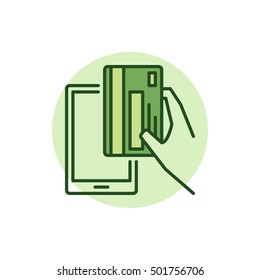 Smartphone payment colorful icon. Vector mobile payment minimal sign. Hand holding green credit card symbol
