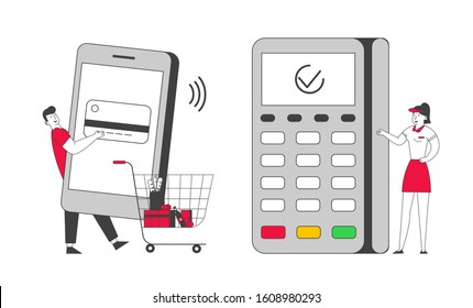 Smartphone Payment with Credit Card Reader Machine Concept. Man in Supermarket Pushing Trolley with Purchases Prepare Mobile Phone for Paying at Pos Terminal. Flat Vector Illustration, Line Art