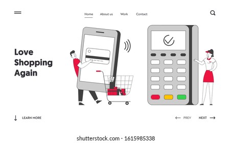 Smartphone Payment with Credit Card Reader Machine Website Landing Page. Man in Supermarket Prepare Mobile Phone for Paying at Pos Terminal Web Page Banner. Cartoon Flat Vector Illustration, Line Art