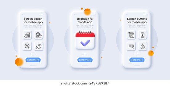 Smartphone payment, Feather and Contactless payment line icons pack. 3d phone mockups with calendar. Glass smartphone screen. Sausage, Read instruction, Shopping web icon. Vector