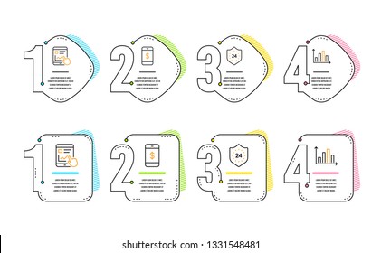 Smartphone payment, Internet report and 24 hours icons simple set. Diagram graph sign. Mobile pay, Web tutorial, Protection. Presentation chart. Infographic timeline. Line smartphone payment icon