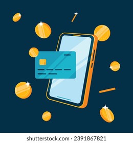 Smartphone payment. phone surrounded by coins vector illustration.