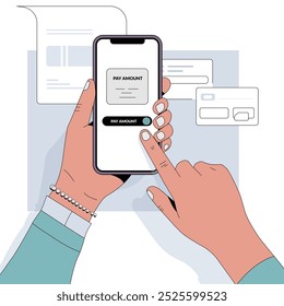 Smartphone Payment Scene: Hand, App, 'Pay Amount' Button, Transaction Amount, Confirmation, Clean Lines, Muted Colors, Minimalist Style, Modern Design.