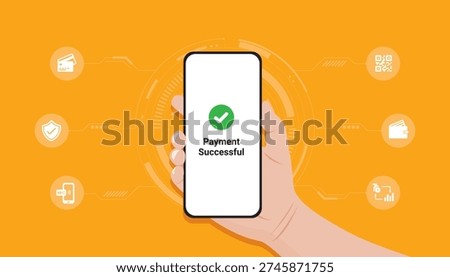 Smartphone with payment successful notification and security icons representing encrypted transaction, fraud protection and safe digital banking experience.
