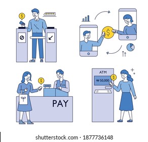 Smartphone payment system concept. People who ride public transport with their smartphones, shop, send money, and withdraw ATMs. flat design style minimal vector illustration.