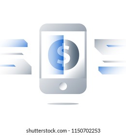 Smartphone payment technology concept, mobile banking services, wireless instant payment, dollar sign on device screen, easy finance transaction, vector icon, flat illustration