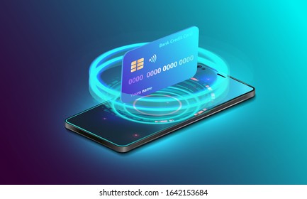 Smartphone payment technology. Isometric mobile phone and internet banking.