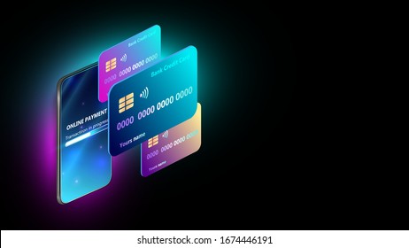 Smartphone payment technology. Isometric mobile phone and internet banking.