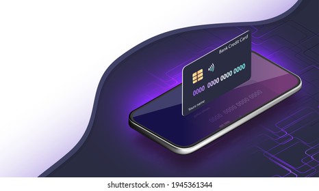 Smartphone-Zahlungstechnologie. Isometrisches Mobiltelefon und Internet Banking.