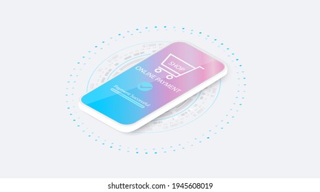 Diseño neumórfico de la tecnología de pagos por smartphone. Neumorfismo Telefonía móvil isométrica y banca por Internet.