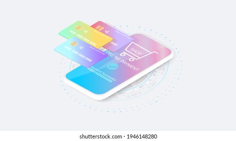 Diseño neumórfico de la tecnología de pagos por smartphone. Neumorfismo Telefonía móvil isométrica y banca por Internet.