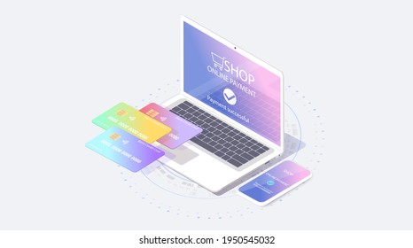 Smartphone payment technology.Neomorphism Isometric mobile phone and internet banking.