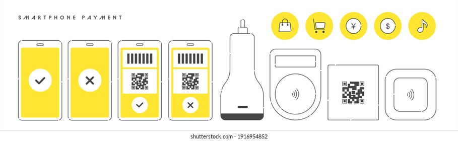 Smartphone and payment terminal icon set. Illustration of cashless payment.