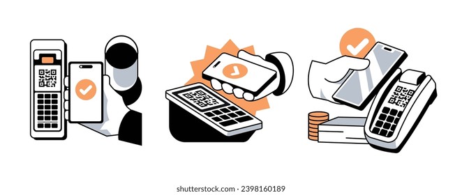 Smartphone- und Payment Terminal-Zahlung mit Scan-Vektorgrafik-Set