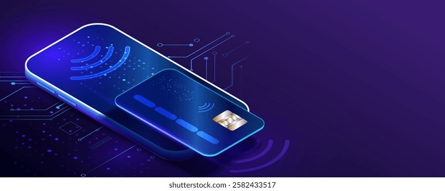 Smartphone payment via credit card. Wireless pay through phone. Online banking. Digital technology pay transfer. Vector isometric illustration.