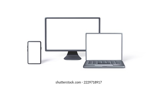 Smartphone, PC monitor, laptop template in 3D style isolated on white background. Set of Computer gadgets front view for banner design