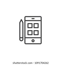 Smartphone and pencil outline icon. linear style sign for mobile concept and web design. Creativity and design simple line vector icon. Symbol, logo illustration. Pixel perfect vector graphics