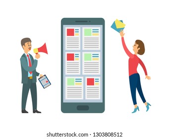 Smartphone and people sending message vector, boss and worker interacting. Mobile phone device, person with letter envelope, boss with megaphone task