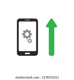 Smartphone performance, speed concept with rising arrow, smartphone and gear icons, flat vector illustration. 