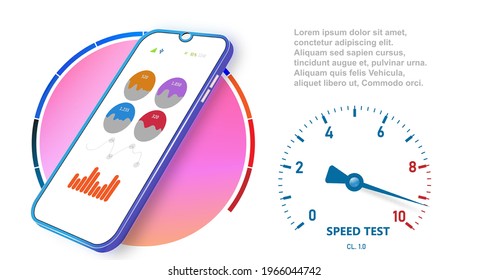 Rendimiento de Smartphone. Diseño Ui y Ux con análisis. Panel de teléfono móvil. Pantalla activa del smartphone con indicador de flecha. Ilustración vectorial.