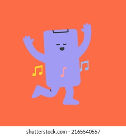 Smartphone personage dancing, singing and notes flying around. Mobile phone with pleasure on face have fun. Trendy artwork style. All items are isolated