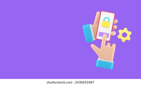 Smartphone personal data user account protection banner with copy space 3d icon realistic vector illustration. Business man hand holding mobile phone lock identification authorization safety settings