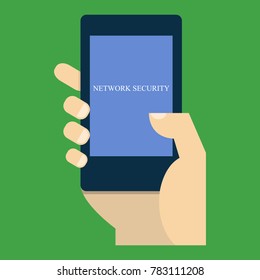 A smartphone is in the person's hand. Business illustration with the inscription:network security