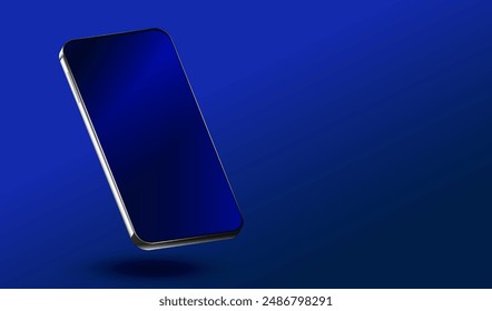 Smartphone en vista en perspectiva con superficie moderna azul oscuro. Pantalla de cristal exclusiva del teléfono que cuelga sobre la mesa. Fondo de objeto móvil aislado. Concepto de Vector Ai App.