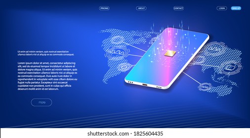 Smartphone perspective view. Template for infographics or presentation UI design interface. vector  3d isometric illustration cell phone Central Computer Processors CPU concept.Digital chip