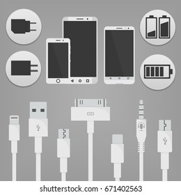 Smartphone and phablet mock ups. Batteries and charger icons. Power supply connectors and cables in white flat style