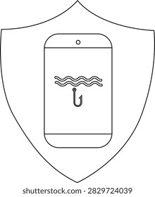 A smartphone with a phishing hook on its screen, encased within a protective shield, symbolizing cyber security and digital protection against online threats.