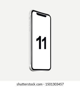 Smartphone , Phone 11 mock up. Silver new frameless realistic concept . Isolated white background. Elegant futuristic vector work. phone 11 new generations. floating concept