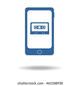 smartphone, phone with audio casset, sound icon, retro music.