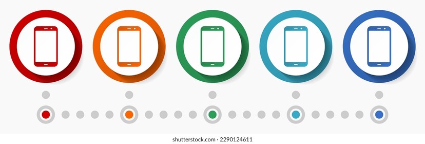 Smartphone, phone concept vector icon set, flat design colorful buttons, infographic template in 5 color options