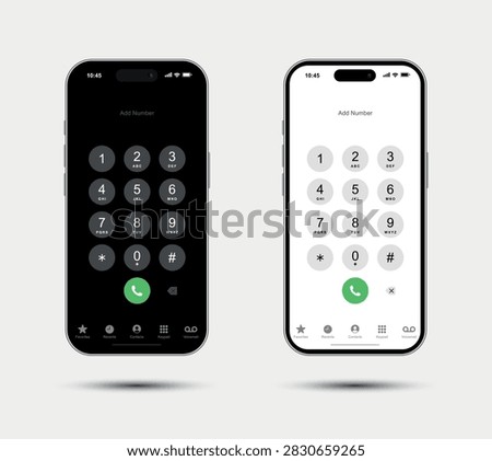 Smartphone phone dialer keypad screen mockup in dark and light mode isolated on white background