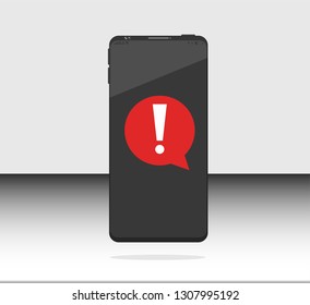 Smartphone, phone, mobile, cell phone Realistic Flat Styles Isolated with speech bubble, exclamation point, attention sign on Background. Vector Illustration. Black color.
