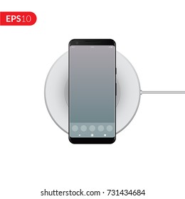 A smartphone, a phone, a mobile phone is charging on a wireless charging. Vector illustration of a phone on a wireless charging.
