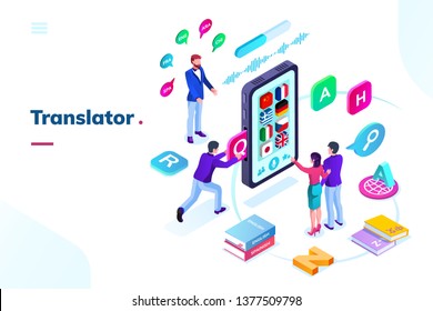 Smartphone Or Phone With Online Language Translator. Isometric View On Translation App With Flags, Application For Multilingual Simultaneous Communication Or Talk. Foreign Language Interpreter With AI