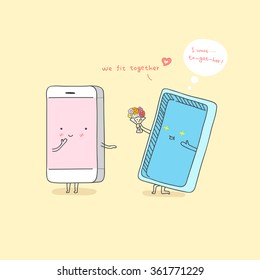 smartphone and phone protective case. Vector cartoon.  Courtship ,  Comic characters.